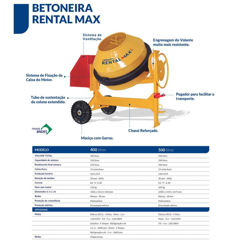 Betoneira RENTAL MAX 400L Gasolina Toyama 5,5CV Menegotti